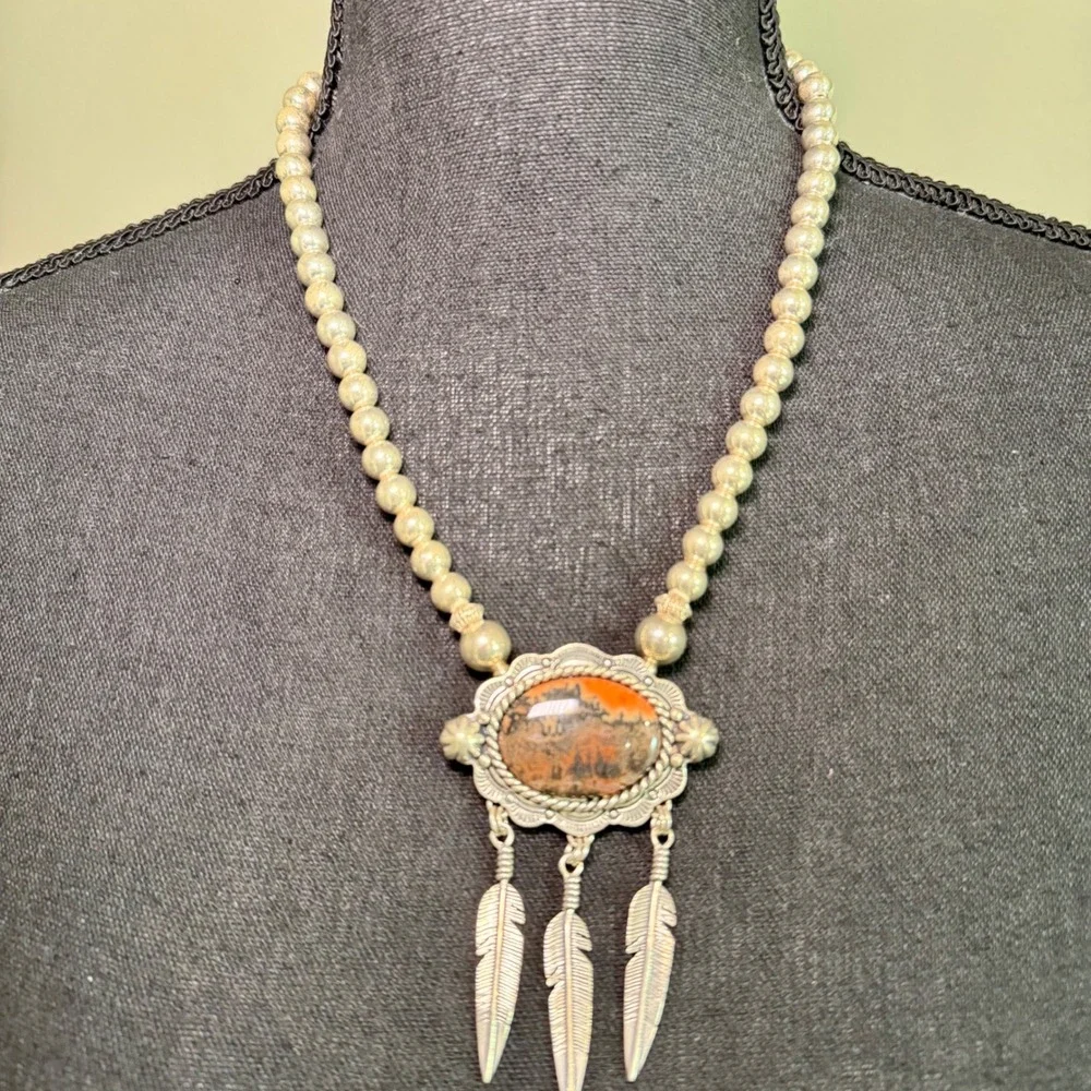 Carolyn Pollack Sterling Silver Jasper Feather Navajo Pearl Necklace‎ Southwest
